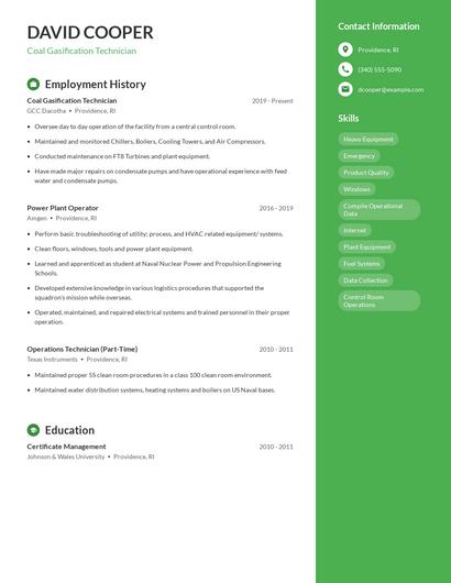 Coal Gasification Technician Resume