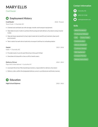 Coal Hauler Resume