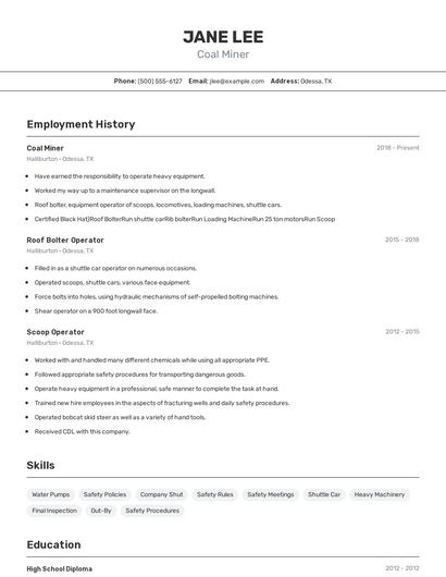 Coal Miner Resume
