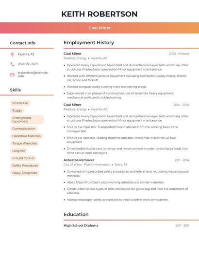 Coal Miner Resume