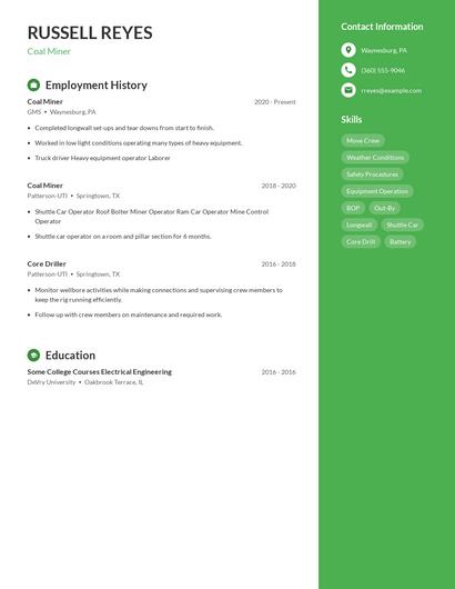 Coal Miner Resume