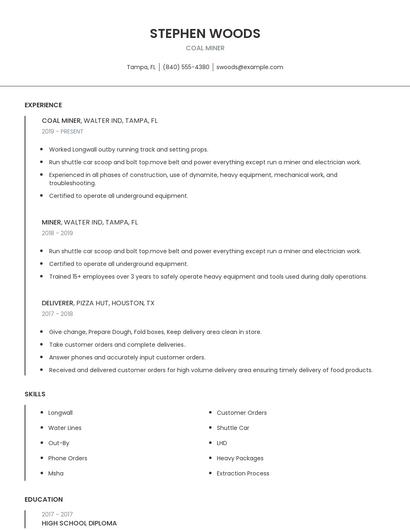 Coal Miner Resume