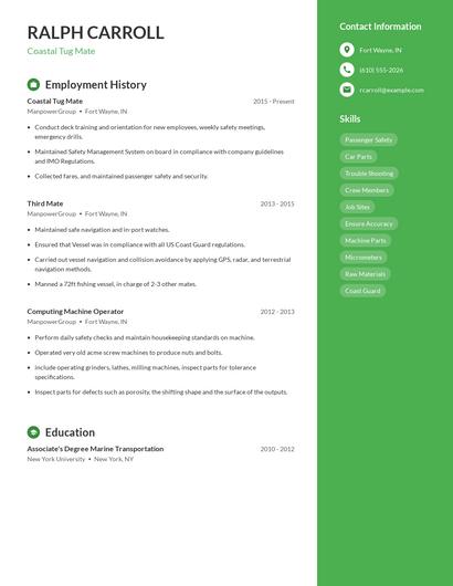 Coastal Tug Mate Resume