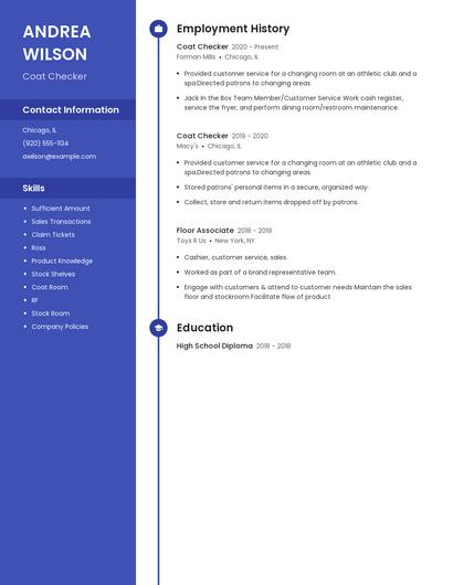 Coat Checker Resume