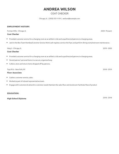 Coat Checker Resume