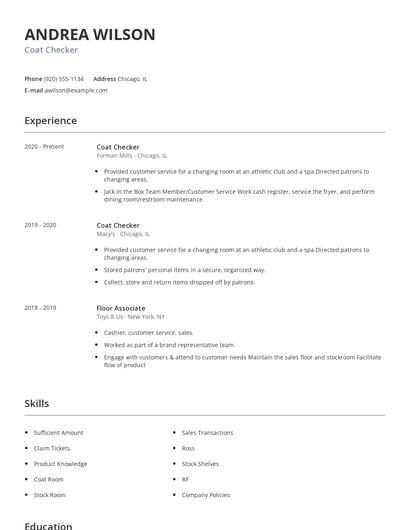 Coat Checker Resume