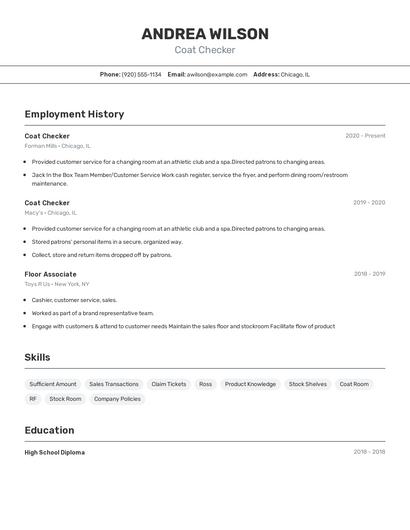 Coat Checker Resume
