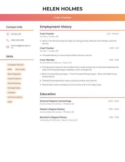 Coat Checker Resume