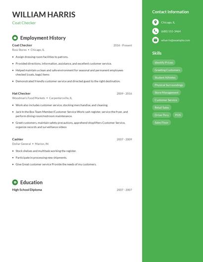 Coat Checker Resume