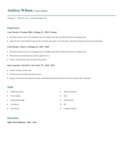 Coat Checker Resume