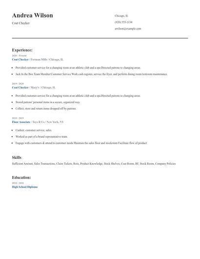 Coat Checker Resume