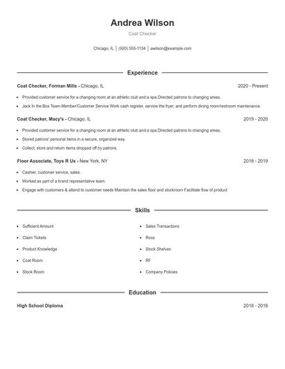 Coat Checker Resume
