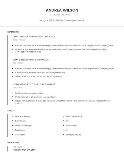 Coat Checker Resume