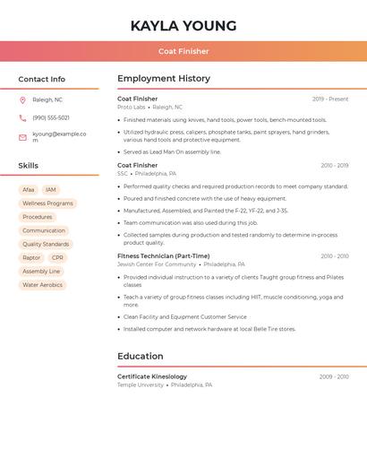 Coat Finisher Resume