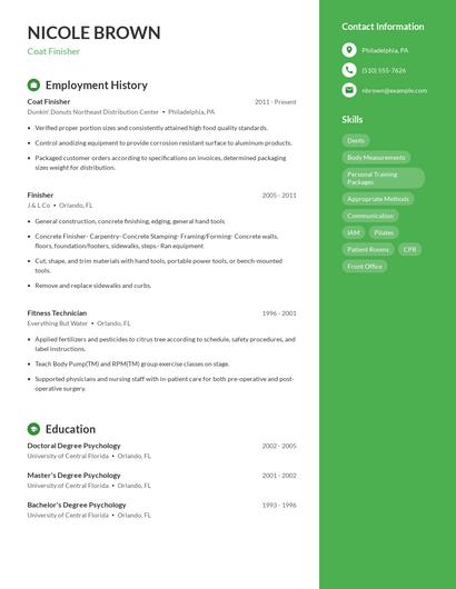 Coat Finisher Resume