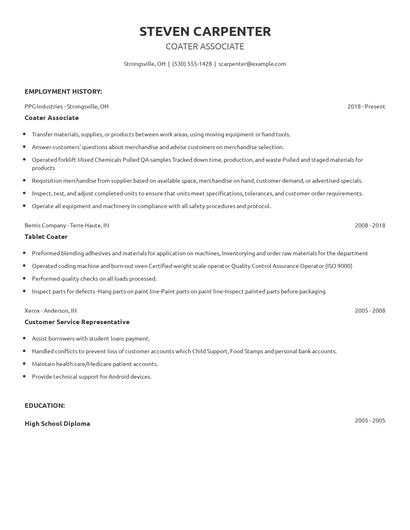 Coater Associate Resume