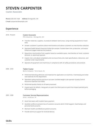 Coater Associate Resume
