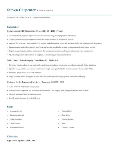Coater Associate Resume