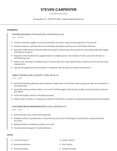 Coater Associate Resume