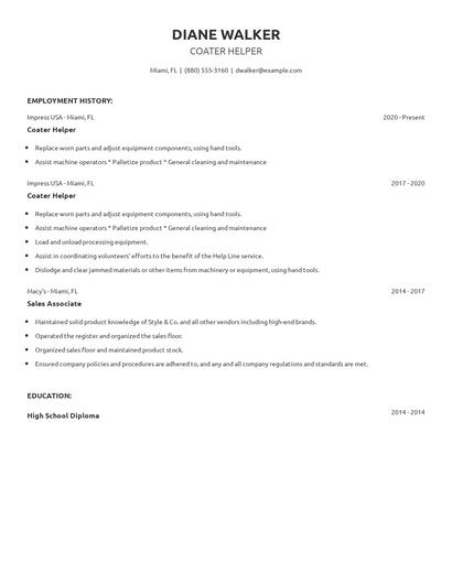 Coater Helper Resume