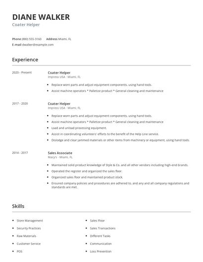 Coater Helper Resume