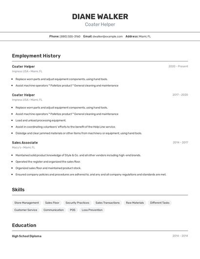 Coater Helper Resume