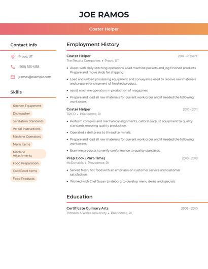 Coater Helper Resume