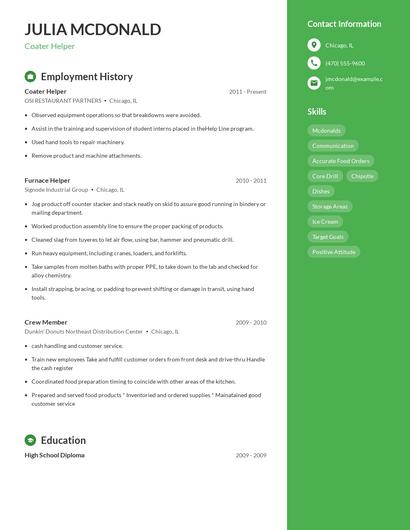 Coater Helper Resume