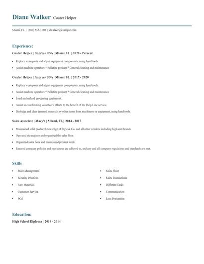 Coater Helper Resume