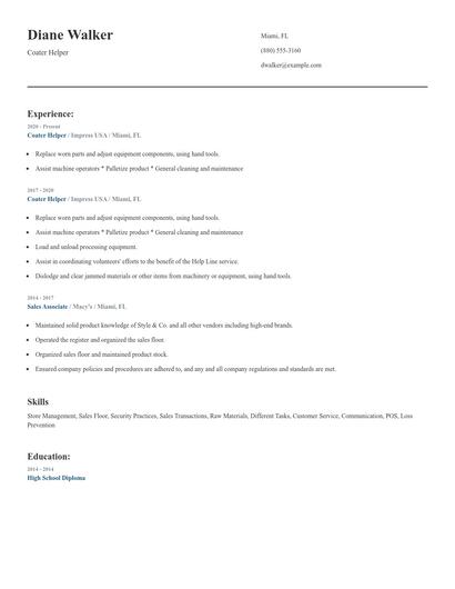 Coater Helper Resume