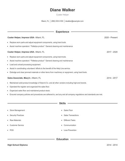 Coater Helper Resume