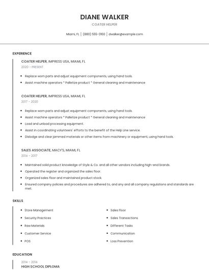 Coater Helper Resume