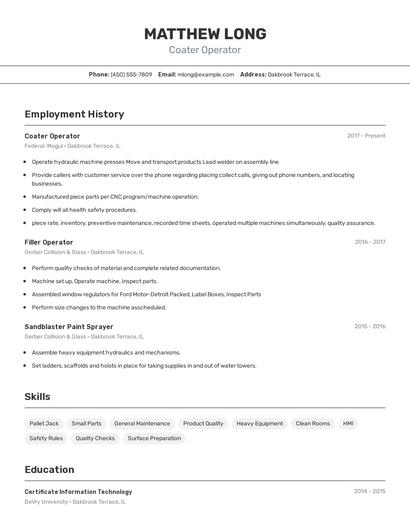 Coater Operator Resume