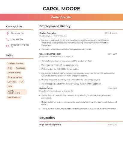 Coater Operator Resume