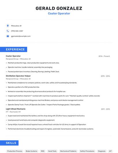 Coater Operator Resume
