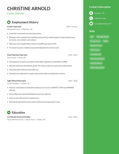 Coater Operator Resume