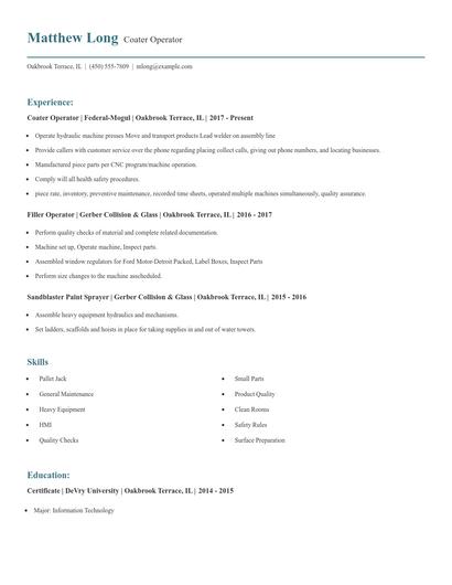 Coater Operator Resume