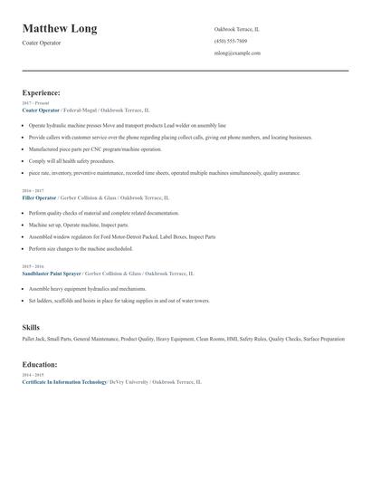 Coater Operator Resume