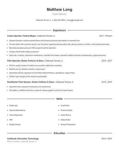 Coater Operator Resume