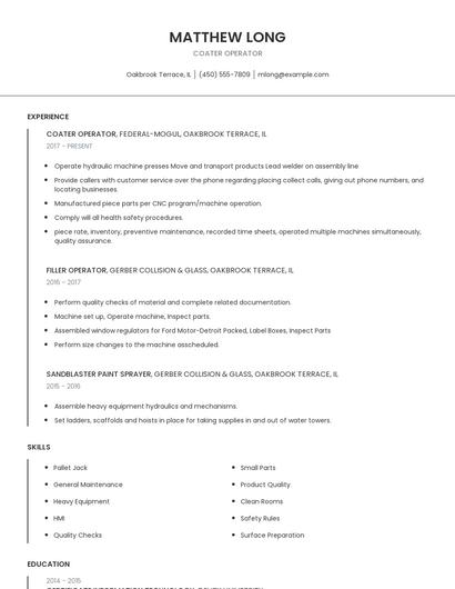 Coater Operator Resume