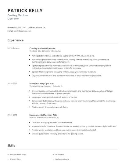 Coating Machine Operator Resume