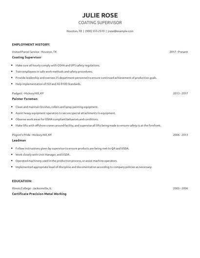 Coating Supervisor Resume