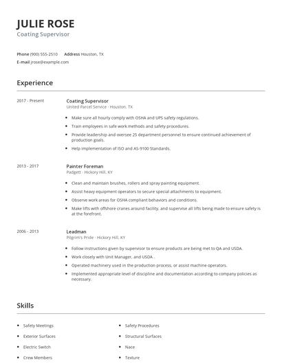 Coating Supervisor Resume