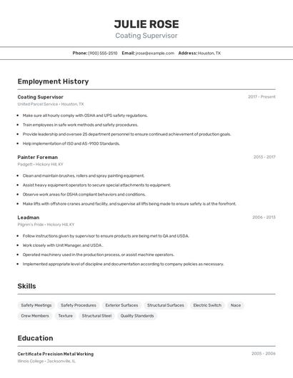 Coating Supervisor Resume