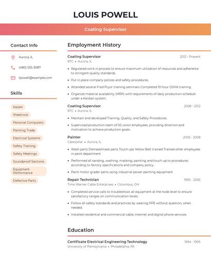 Coating Supervisor Resume
