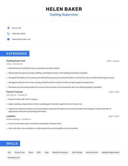 Coating Supervisor Resume