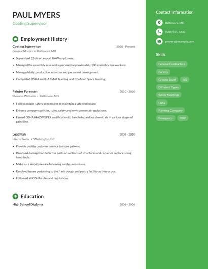 Coating Supervisor Resume