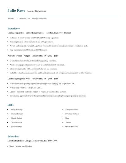 Coating Supervisor Resume