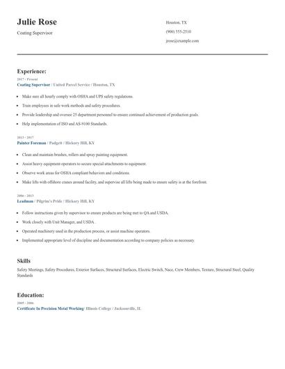 Coating Supervisor Resume