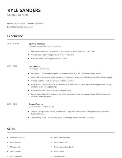 Cocktail Waitress Resume